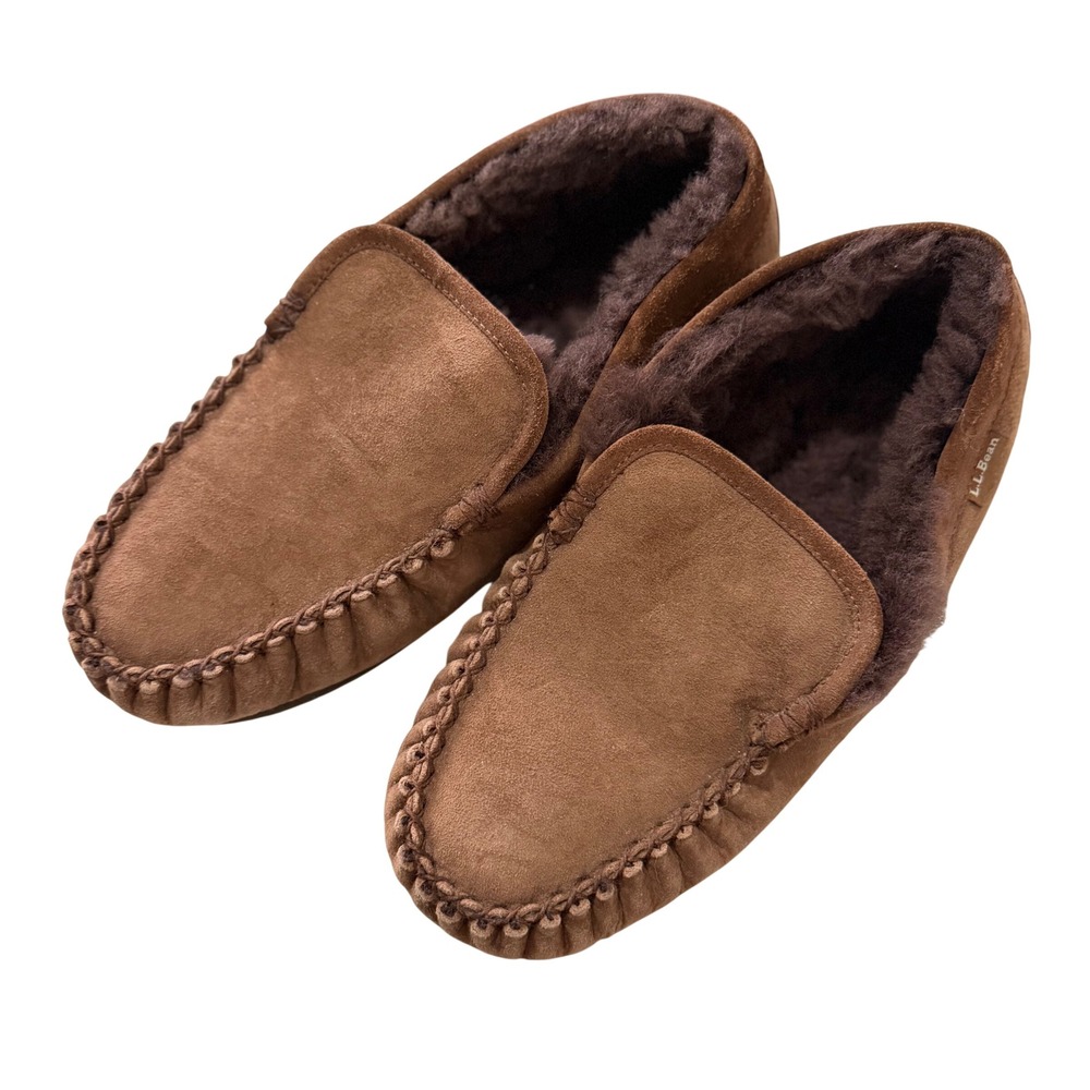 LL Bean Wicked Good Moccasins Mens 10 Wide Brown Suede Shearling Slippers NWOT